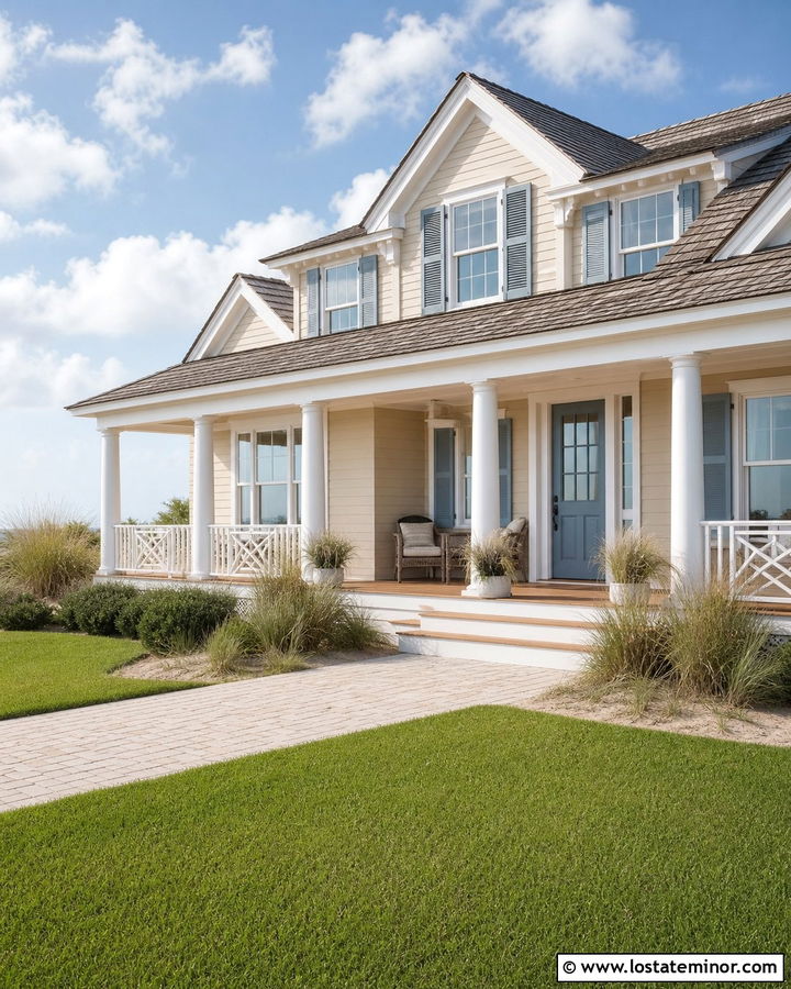 Sand Coastal House With Round White Porch Columns - 30 Sand House Design With Porch Columns Ideas