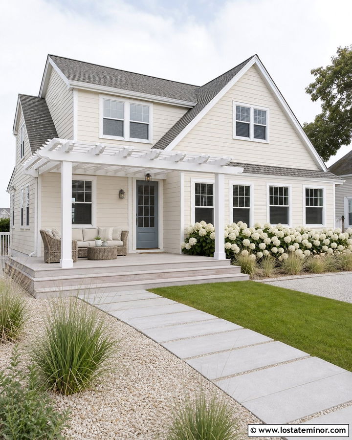 Sand Coastal House With White Pergola - 30 Sand House Design With Pergola Ideas