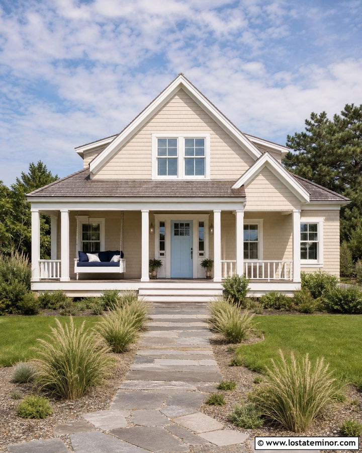 Sand Coastal House With White Porch Daybed - 30 Sand House Design With Daybed Ideas