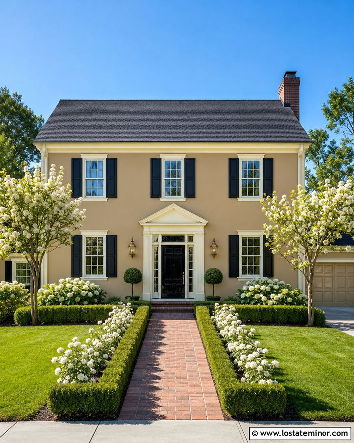 Sand Colonial House With Boxwood Walkway - 30 Sand House Design With Front Yard Ideas