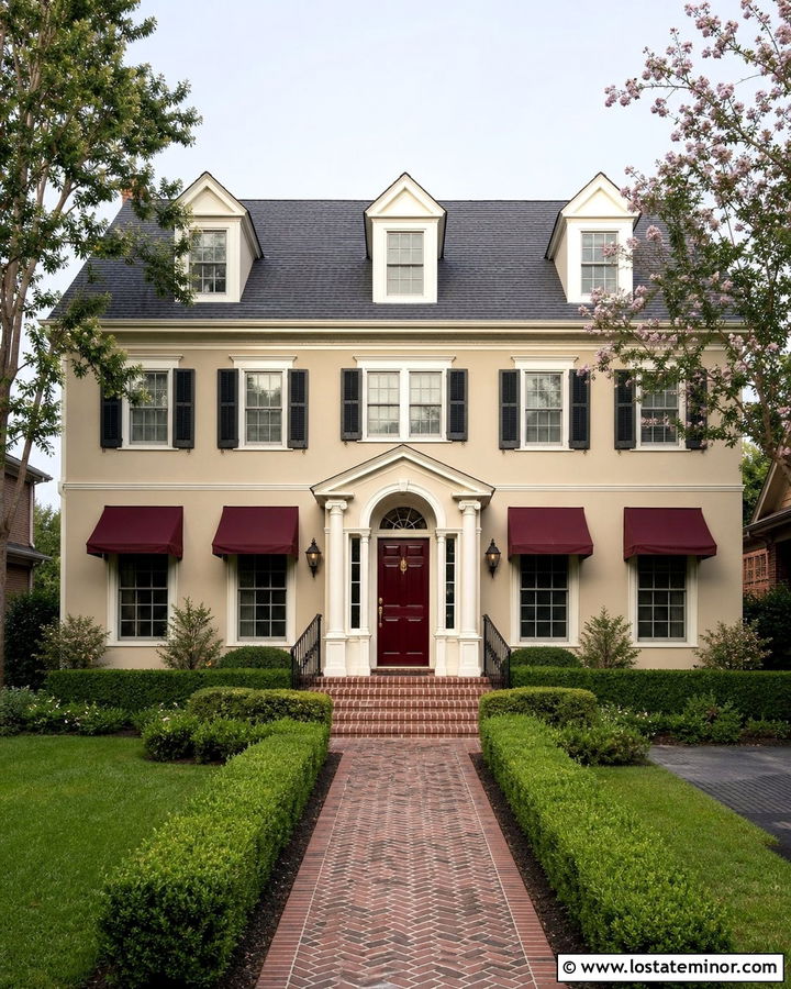 Sand Colonial House With Burgundy Awnings - 30 Sand House Design With Awning Ideas