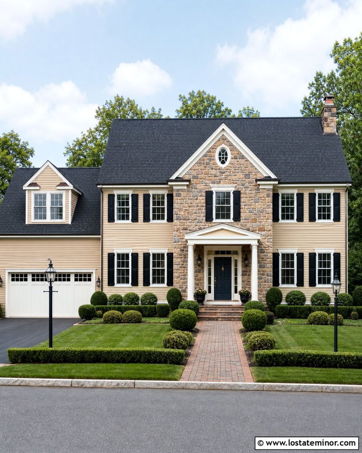Sand Colonial House With Fieldstone Entry - 30 Sand House Design With Stone Accents Ideas