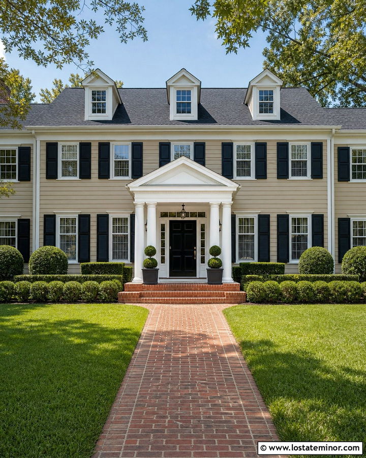 Sand Colonial House With Gable Portico - 30 Sand House Design With Portico Ideas