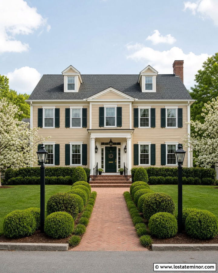 Sand Colonial House With Post Lanterns - 30 Sand House Design With Light Fixtures Ideas