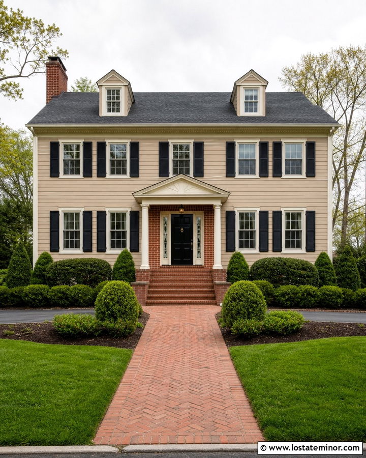 Sand Colonial House With Red Brick Entry - 30 Sand House Design With Brick Accents Ideas