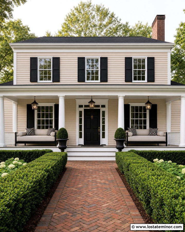 Sand Colonial House With Symmetrical Daybeds - 30 Sand House Design With Daybed Ideas