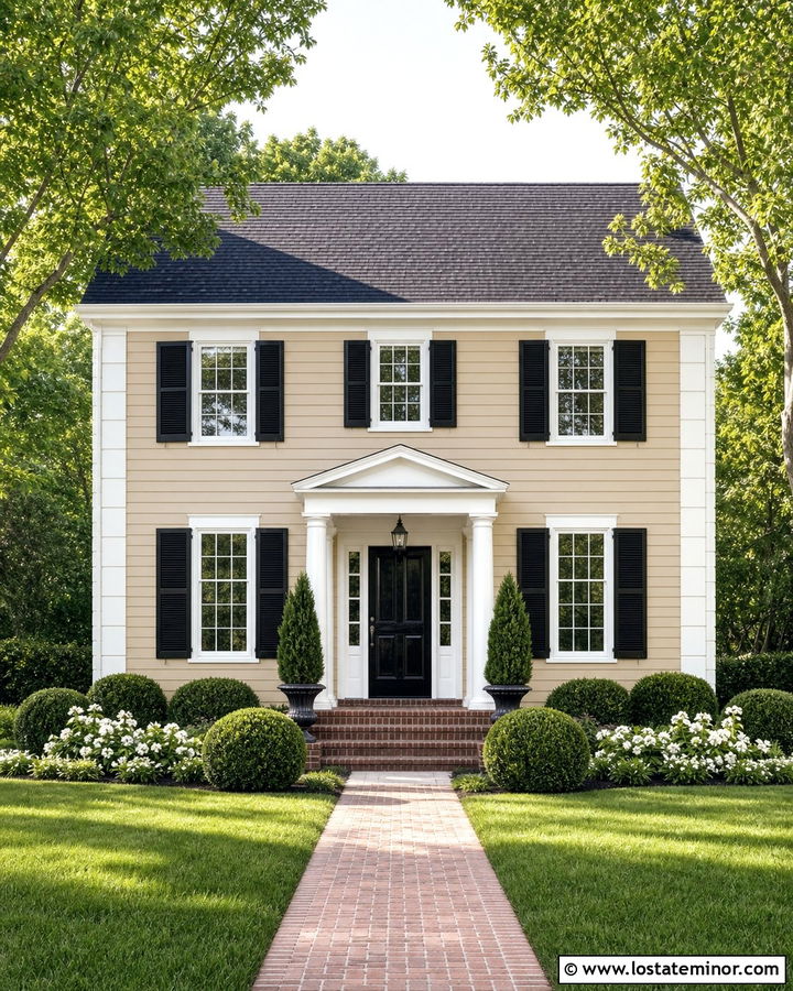 Sand Colonial House With Symmetrical Landscaping - 30 Sand House Design With Landscaping Ideas
