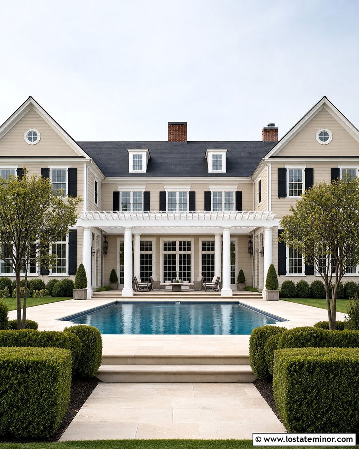 Sand Colonial House With Symmetrical Pool - 30 Sand House Design With Swimming Pool Ideas