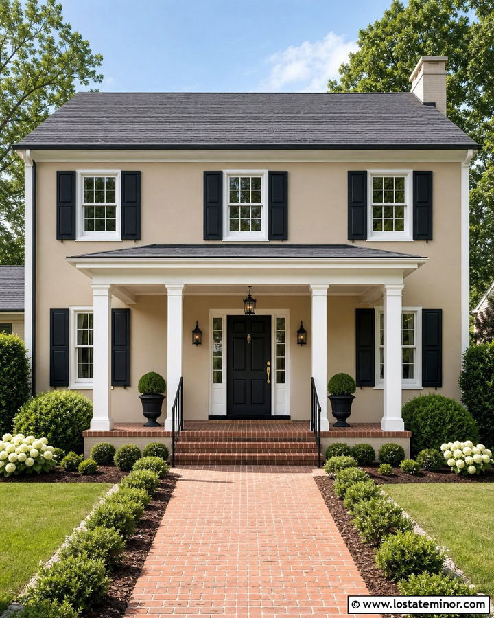 Sand Colonial House With Symmetrical Porch - 30 Sand House Design With Front Porch Ideas