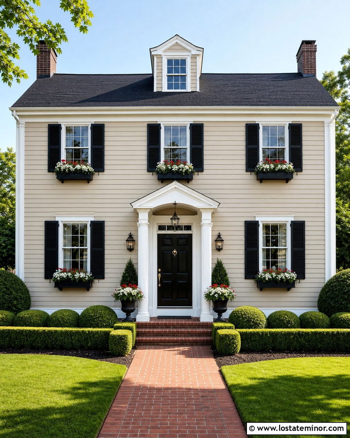 Sand Colonial With Black Window Boxes - 30 Sand House Design With Window Boxes Ideas