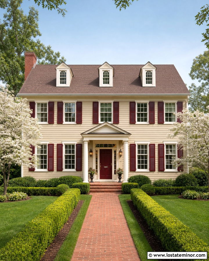 Sand Colonial With Burgundy Shutters - 30 Sand House Design With Shutters Ideas