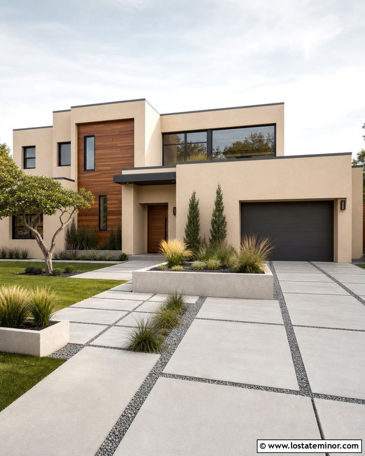 Sand Contemporary House With Concrete Planters - 30 Sand House Design With Landscaping Ideas