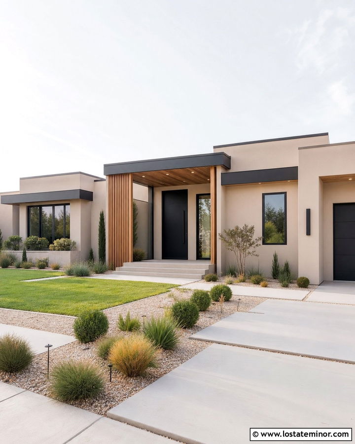 Sand Contemporary House With Wood Slat Portico - 30 Sand House Design With Portico Ideas