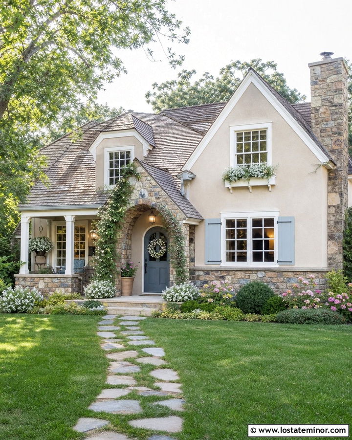 Sand Cottage House With Cobblestone Accents - 30 Sand House Design With Stone Accents Ideas