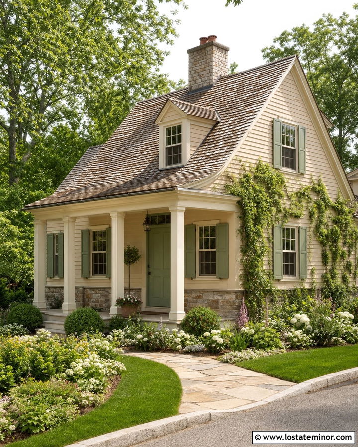 Sand Cottage House With Cream Porch Columns - 30 Sand House Design With Porch Columns Ideas