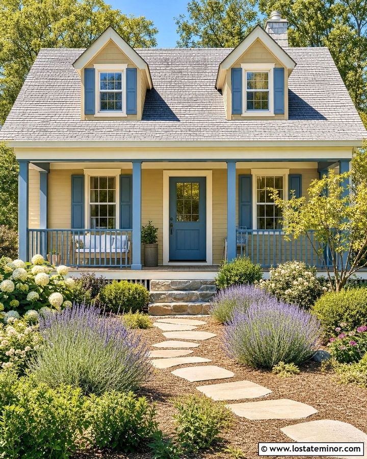Sand Cottage With Blue Porch Railings - 30 Sand House Design With Railings Ideas