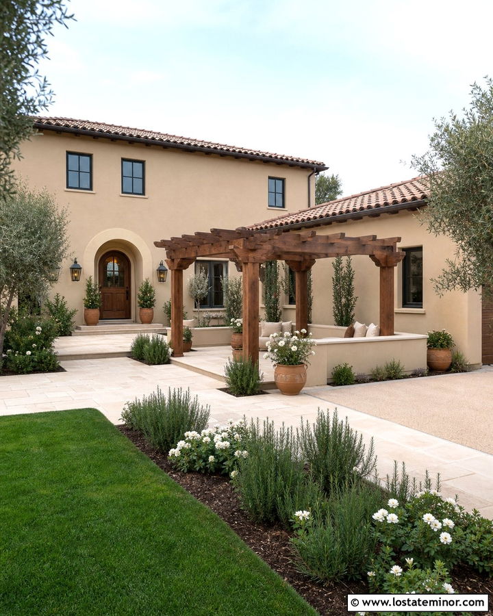 Sand Courtyard House With Freestanding Pergola - 30 Sand House Design With Pergola Ideas