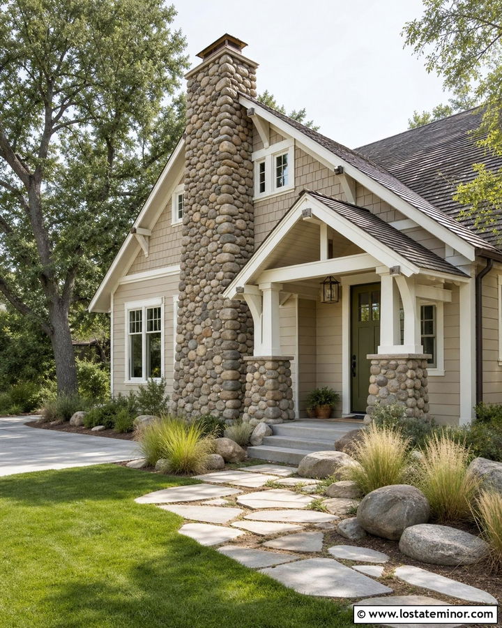 Sand Craftsman House With River Rock Chimney - 30 Sand House Design With Chimney Ideas