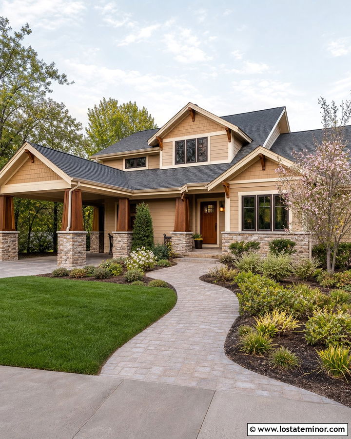 Sand Craftsman House With Stone Carport Columns - 30 Sand House Design With Carport Ideas