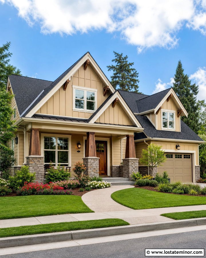 Sand Craftsman House With Stone Columns - 30 Sand House Design With Stone Accents Ideas