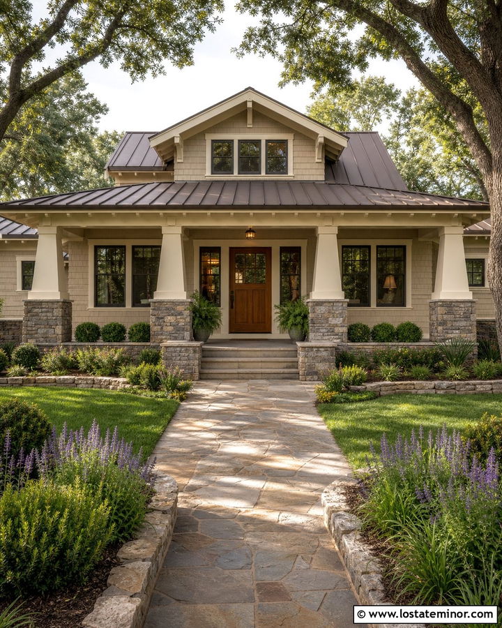 Sand Craftsman House With Stone Garden Beds - 30 Sand House Design With Front Yard Ideas