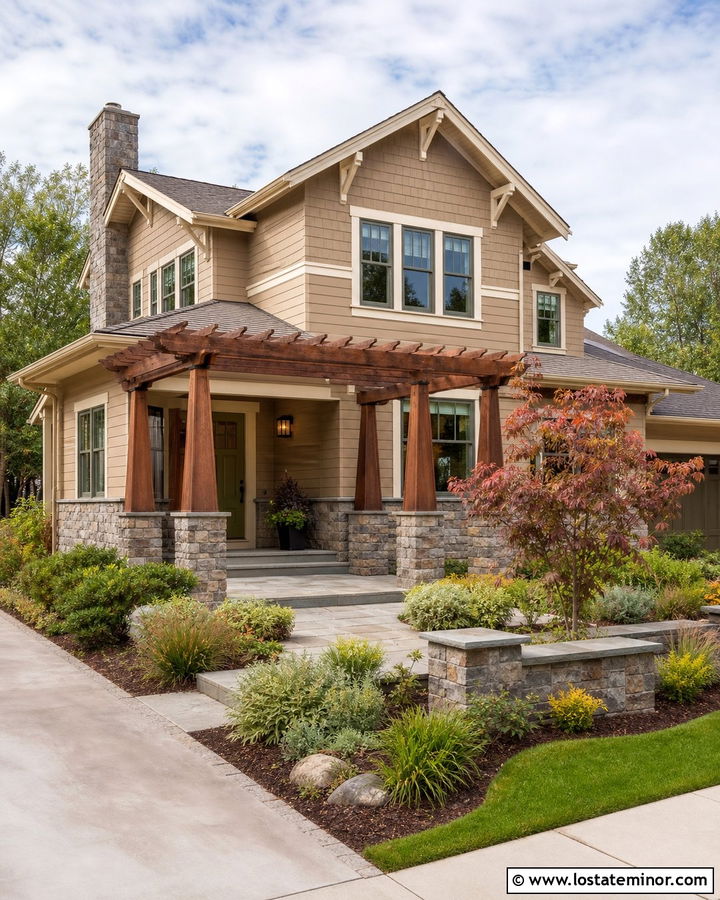 Sand Craftsman House With Stone Pergola Columns - 30 Sand House Design With Pergola Ideas