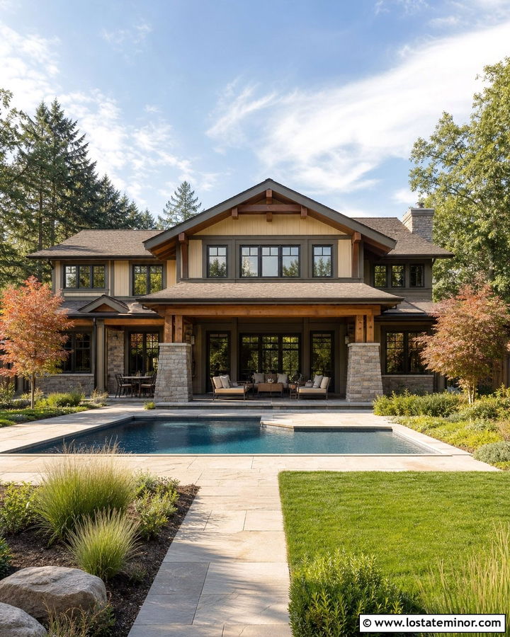 Sand Craftsman House With Stone Pool Patio - 30 Sand House Design With Swimming Pool Ideas