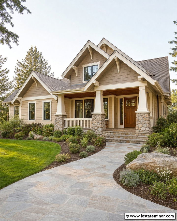 Sand Craftsman House With Stone Porch Columns - 30 Sand House Design With Front Porch Ideas
