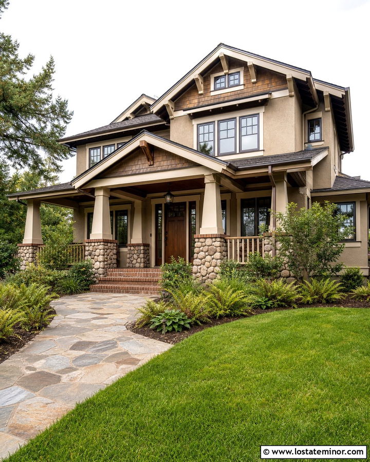 Sand Craftsman House With Stone Portico - 30 Sand House Design With Portico Ideas