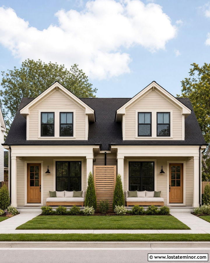 Sand Duplex House With Divided Daybed Porch - 30 Sand House Design With Daybed Ideas