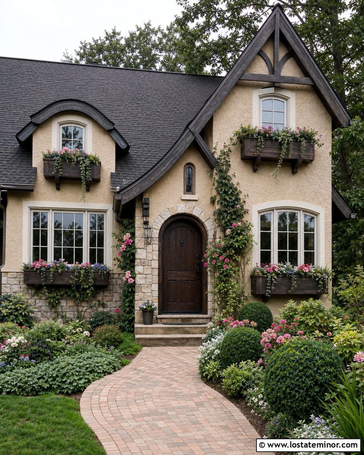 Sand English Cottage With Dark Wood Window Boxes - 30 Sand House Design With Window Boxes Ideas