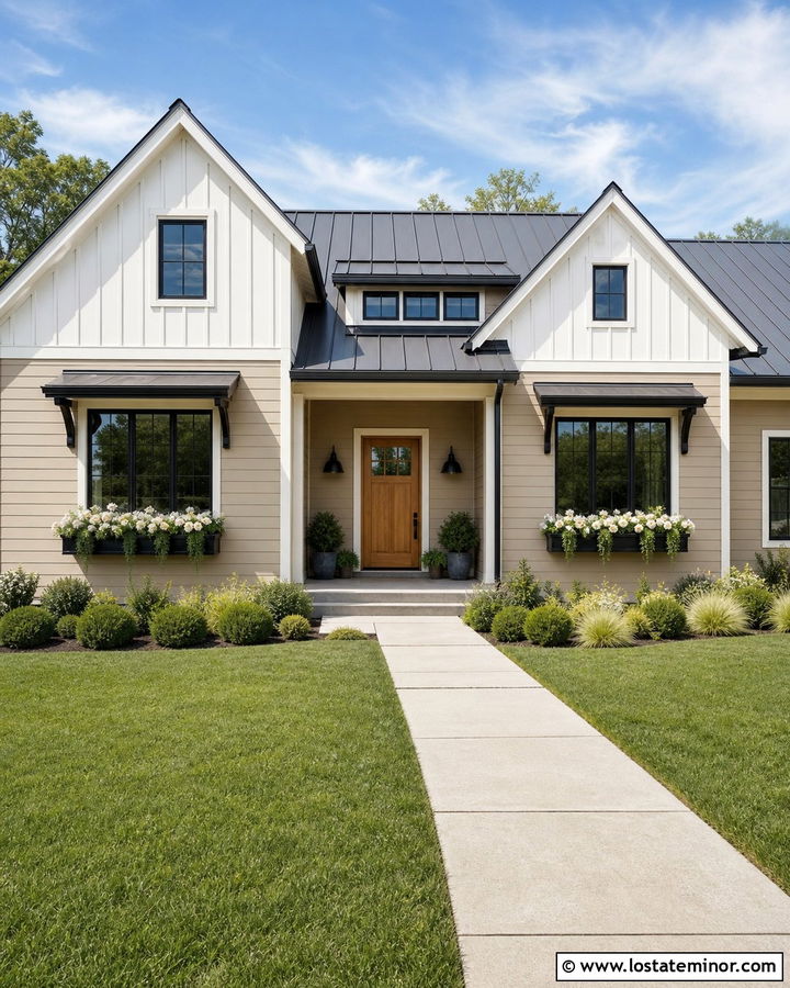 Sand Farmhouse With Black Window Boxes - 30 Sand House Design With Window Boxes Ideas