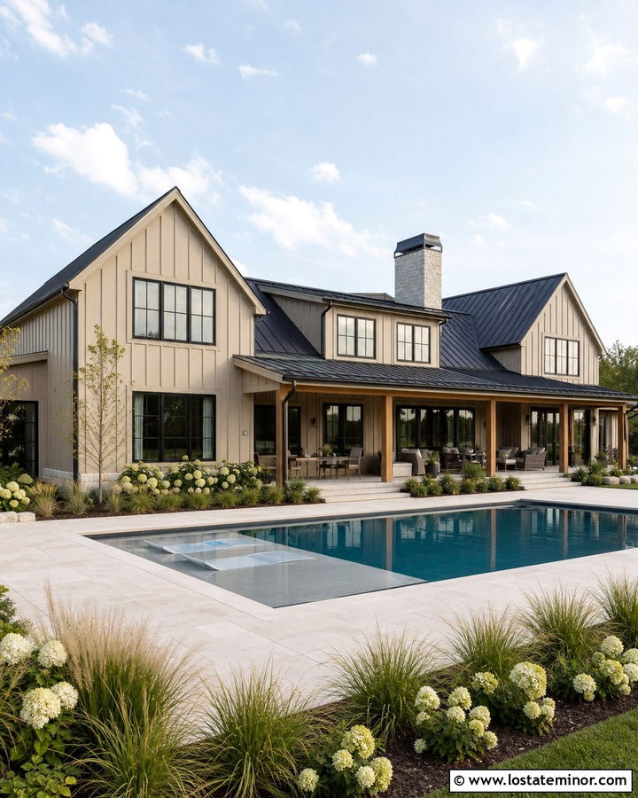 Sand Farmhouse With Black Window Pool Area - 30 Sand House Design With Swimming Pool Ideas