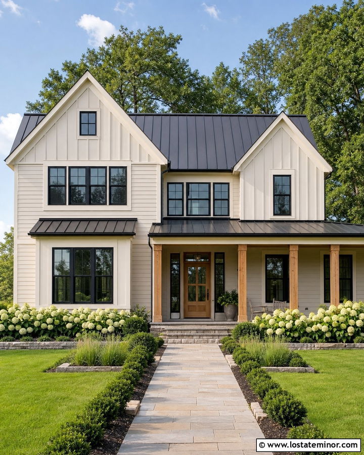 Sand Farmhouse With Black Windows And Green Lawn - 30 Sand House Design With Front Yard Ideas