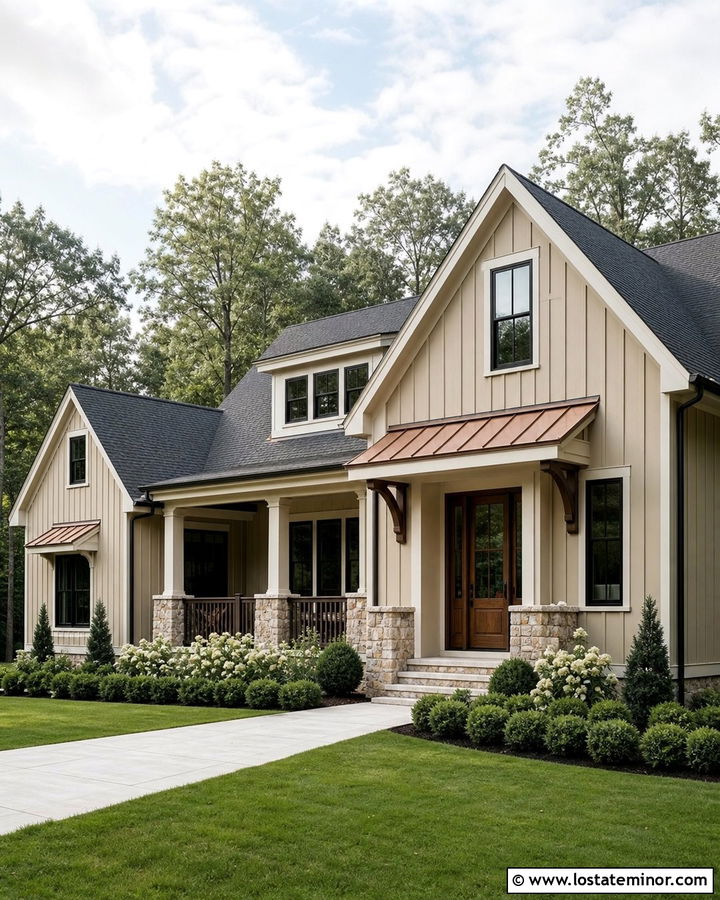 Sand Farmhouse With Copper Door Awning - 30 Sand House Design With Awning Ideas