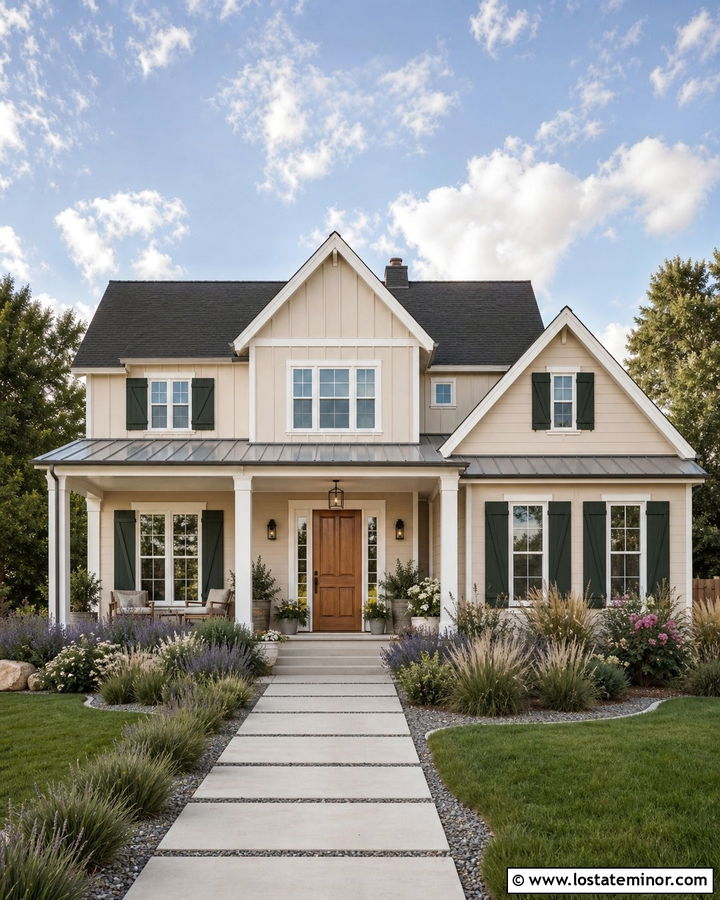 Sand Farmhouse With Dark Green Shutters - 30 Sand House Design With Shutters Ideas