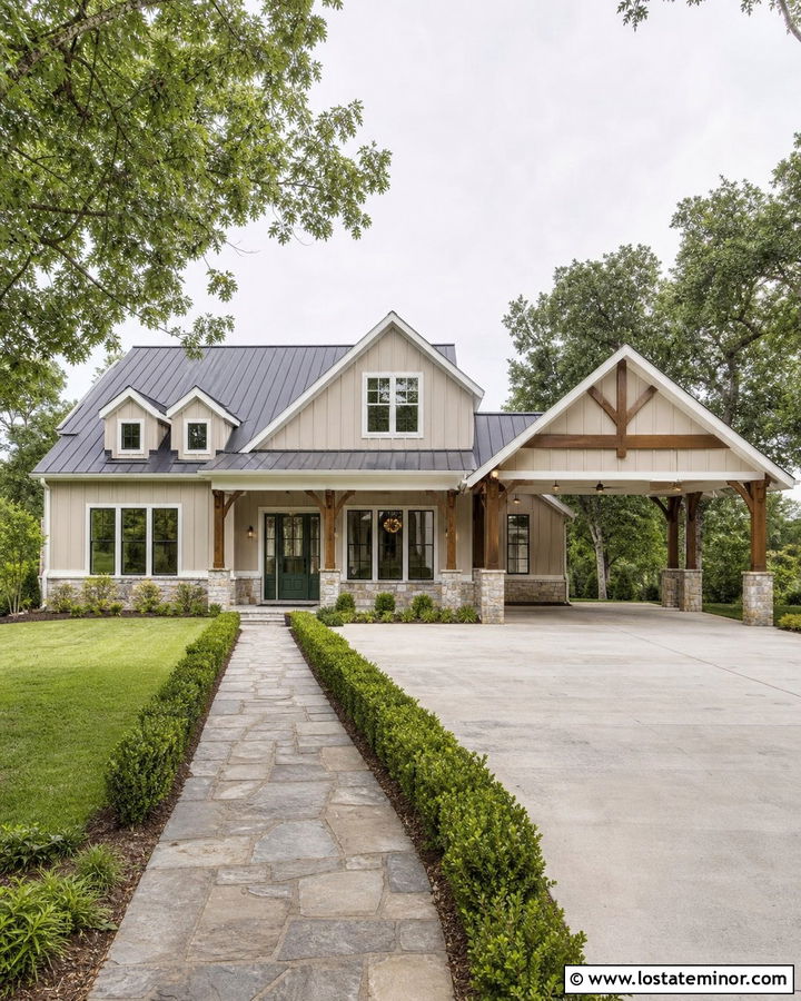 Sand Farmhouse With Gable Carport - 30 Sand House Design With Carport Ideas