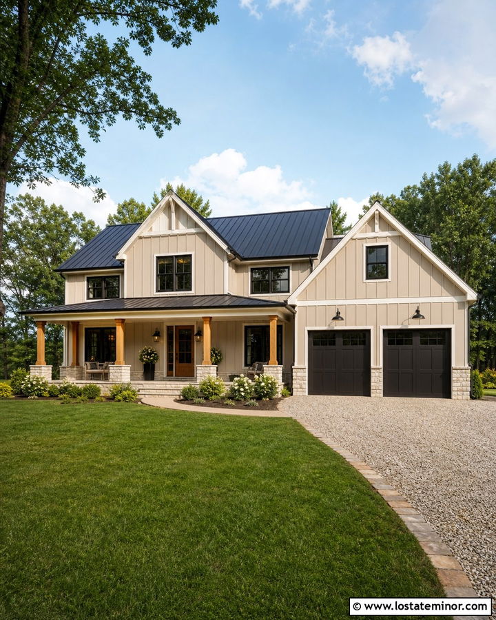 Sand Farmhouse With Gooseneck Garage Lights - 30 Sand House Design With Light Fixtures Ideas