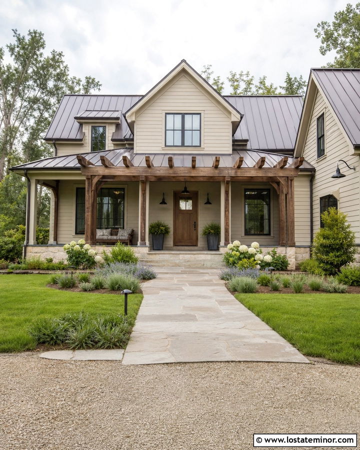 Sand Farmhouse With Rustic Timber Pergola - 30 Sand House Design With Pergola Ideas