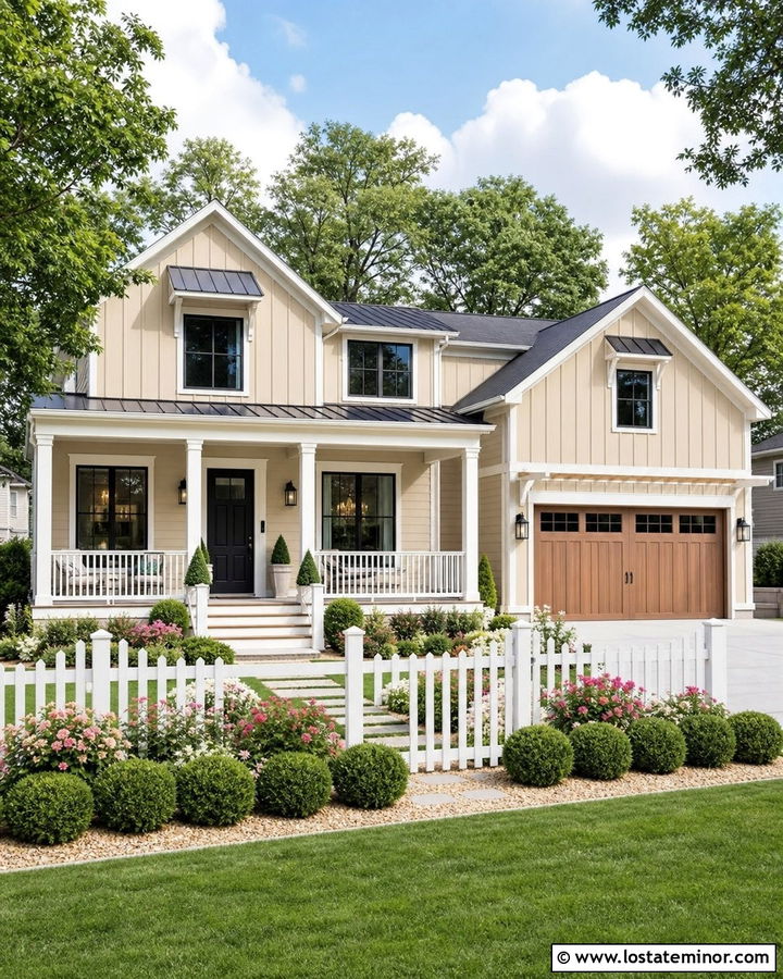 Sand Farmhouse With White Vinyl Fence - 30 Sand House Design With Fence Ideas