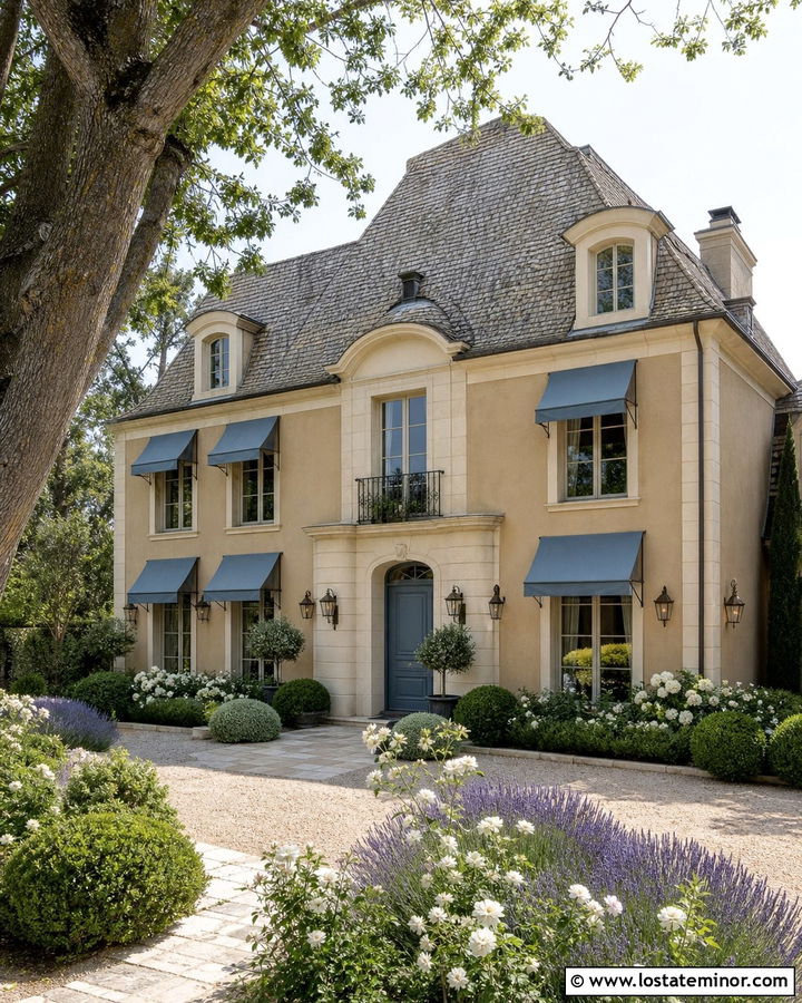 Sand French Country House With Blue Awnings - 30 Sand House Design With Awning Ideas