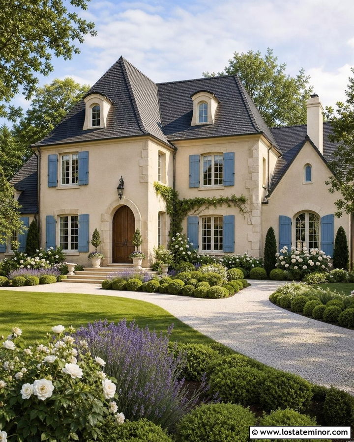 Sand French Country House With Blue Shutters - 30 Sand House Design With Shutters Ideas
