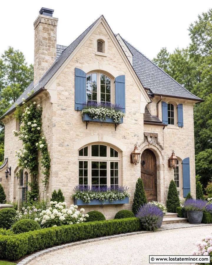 Sand French Country House With Blue Window Boxes - 30 Sand House Design With Window Boxes Ideas