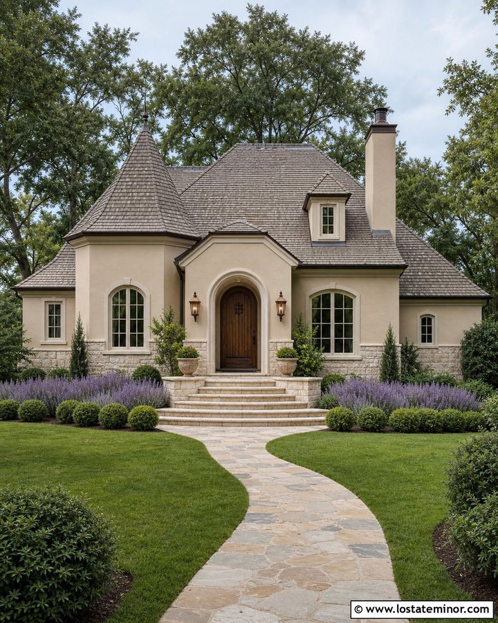 Sand French Country House With Curved Porch - 30 Sand House Design With Front Porch Ideas