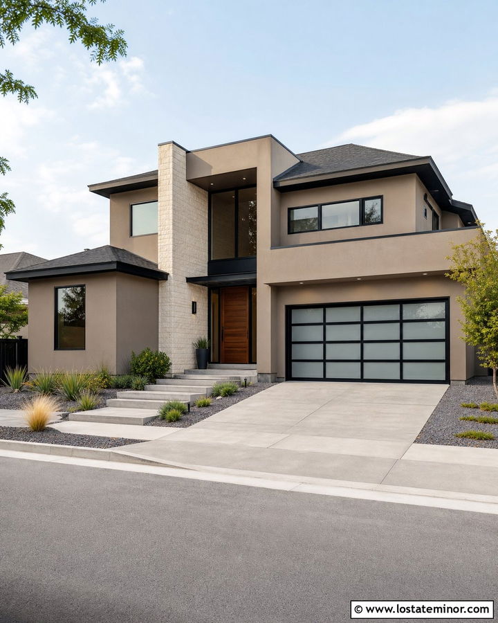 Sand House With Black Framed Glass Garage Door - 30 Sand House Design With Garage Door Ideas