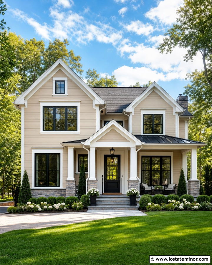 Sand House With Black Front Door Portico - 30 Sand House Design With Portico Ideas