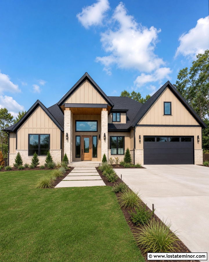 Sand House With Black Trim And Stone - 30 Sand House Design With Stone Accents Ideas