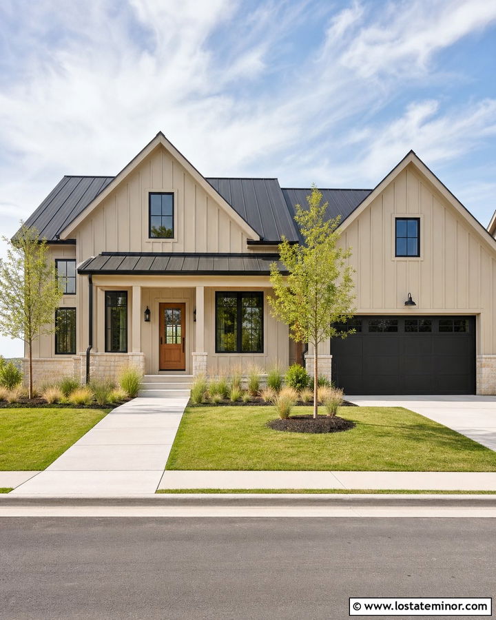 Sand House With Black Trim And Wood Door - 30 Sand House Design With Trim Ideas