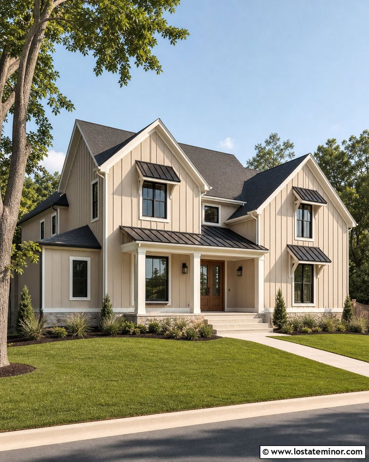 Sand House With Black Window Awnings - 30 Sand House Design With Awning Ideas
