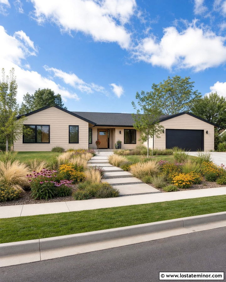 Sand House With Black Windows And Native Grasses - 30 Sand House Design With Landscaping Ideas